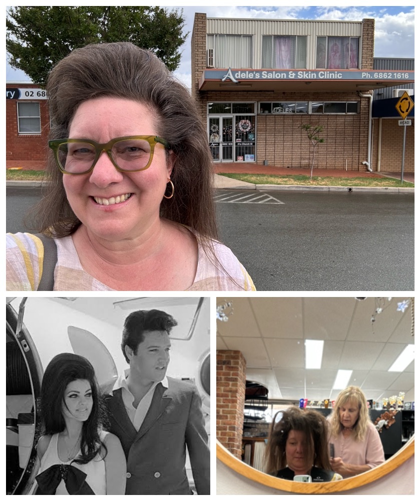 Top: Frances outside Adele's. Bottom Left: Priscilla and Elvis leave on honeymoon. Bottom Right: Styling in progress